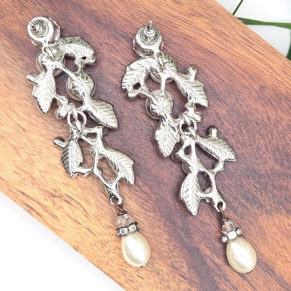 Silver Tone Faux Pearl Rhinestone Leaf Vine Chandelier Drop Statement Earrings